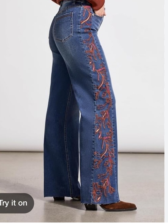 Tribal Denim - Tribal Wide-Leg Embroidered Side-Stripe Jeans - Blue with Rust Embroidery